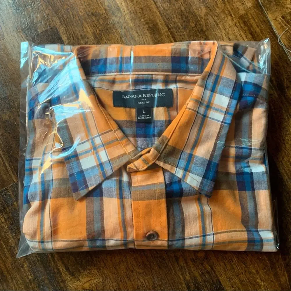 Banana Republic Men's Orange and Blue Plaid Shirt Slim Fit Size Large
